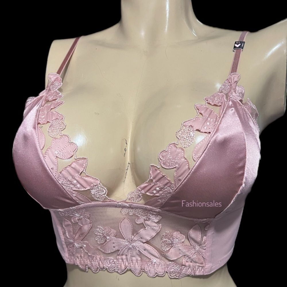 Victoria's Secret Luxe Lingerie Embroidered Satin Mesh Bralette Demure Pink Xl